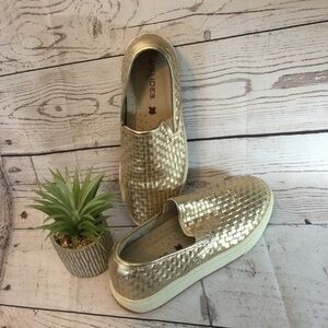 J/Slides NYC Gold Calina Woven Leather Chic Slip-On Loafer Shoes Size 9M